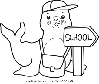 Coloring pages of cute seal. outline of seal want to going to school
