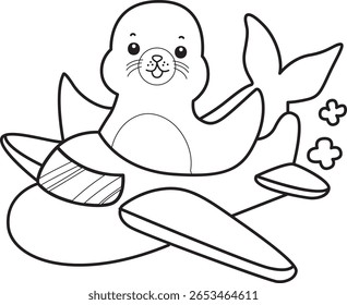 Coloring pages of cute seal. outline of seal riding a plane