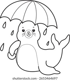 Coloring pages of cute seal. outline of seal bring an umbrella 