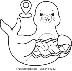 Coloring pages of cute seal. outline of seal bring a map