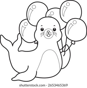 Coloring pages of cute seal. outline of seal bring a birthday balloons