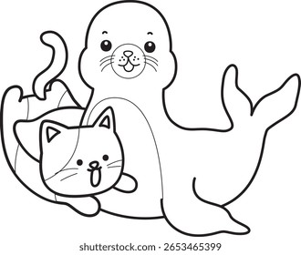 Coloring pages of cute seal. outline of seal with kitten