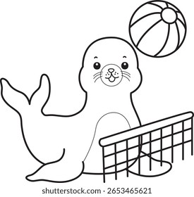 Coloring pages of cute seal. outline of seal playing a volley ball
