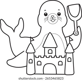 Coloring pages of cute seal. outline of seal playing a Sand castle 