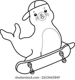 Coloring pages of cute seal. outline of seal playing a skateboard