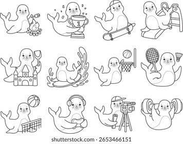 Coloring pages of cute seal. outline of seal in the variation of sport and workout 