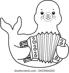 Coloring pages of cute seal. outline of seal playing an accordion