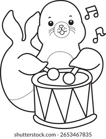 Coloring pages of cute seal. outline of seal playing a drum in the carnival