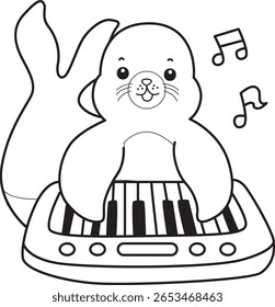 Coloring pages of cute seal. outline of seal playing a piano.