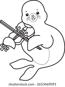 Coloring pages of cute seal. outline of seal playing a violin 