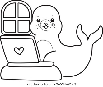 Coloring pages of cute seal. outline of seal typing in the notepad 
