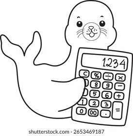 Colorir páginas de bonito selo. contorno de selo trazer uma calculadora