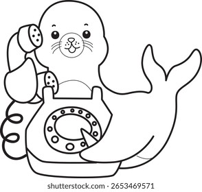 Colorir páginas de selo bonito. esboço de selo chamando no telefone