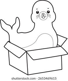 Colorir páginas de selo bonito. contorno de selo preso na caixa