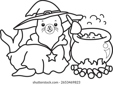 Coloring pages of cute seal. outline of witch seal cooking a potion