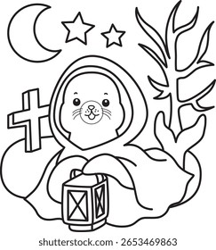 Coloring pages of cute seal. outline of seal wearing Hoodie walking in the grave