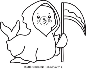 Colorir páginas de bonito selo. esboço de selo como um anjo da morte