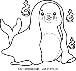 Colorir páginas de bonito selo. esboço selo usando um traje fantasma branco