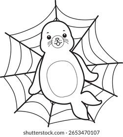 Colorir páginas de selo bonito. contorno de selo preso na teia de aranha