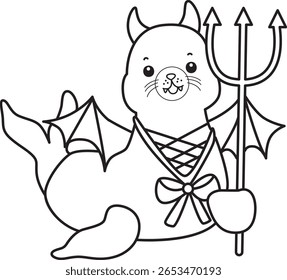 Coloring pages of cute seal. outline of seal wearing a red devil costume