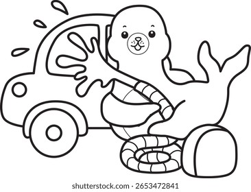 Coloring pages of cute seal. outline of seal washing a car
