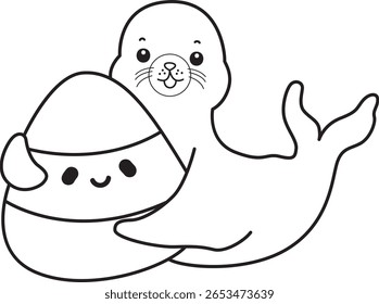 Coloring pages of cute seal. outline of seal bring a yellow candy