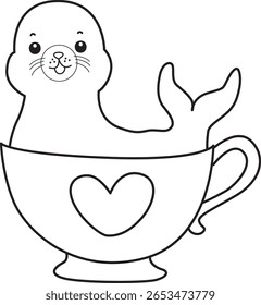 Coloring pages of cute seal. outline of seal stuck in the cup of tea