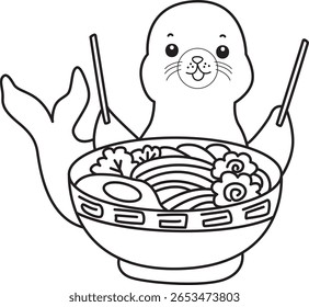Coloring pages of cute seal. outline of seal want to eating ramen