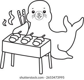 Coloring pages of cute seal. outline of seal grilled the barbecue