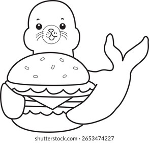 Coloring pages of cute seal. outline of seal bring a burger