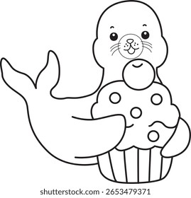 Colorir páginas de selo bonito. contorno de selo trazer um cupcakes cremoso