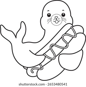 Colorir páginas de selo bonito. contorno de selo trazer um cachorro-quente 