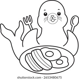 Coloring pages of cute seal. outline of seal want to eating bacon and eggs