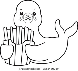 Coloring pages of cute seal. outline of seal bring a french fries 