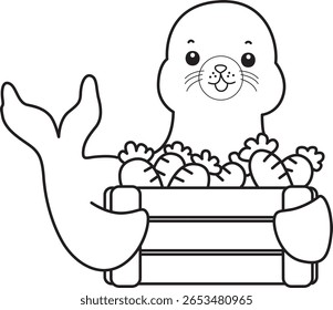 Coloring pages of cute seal. outline of seal bring a lot of carrots