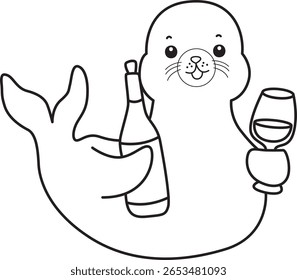 Coloring pages of cute seal. outline of seal bring a bottle of wine
