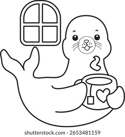 Coloring pages of cute seal. outline of seal enjoy with hot tea