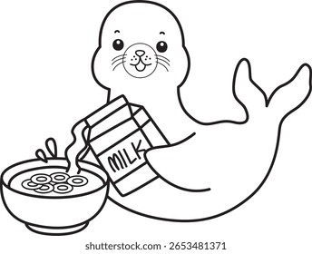 Coloring pages of cute seal. outline of seal pouring a milk into cereal bowl.