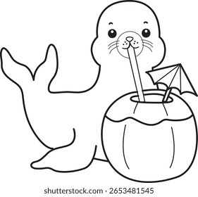 Coloring pages of cute seal. outline of seal drinking a coconut drink