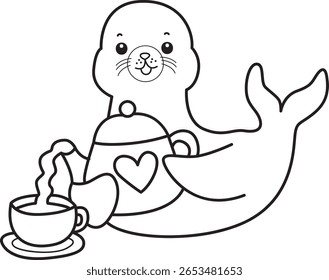 Coloring pages of cute seal. outline of seal pouring a tea from the teapot