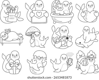 Coloring pages of cute seal. outline of seal with variation of activity