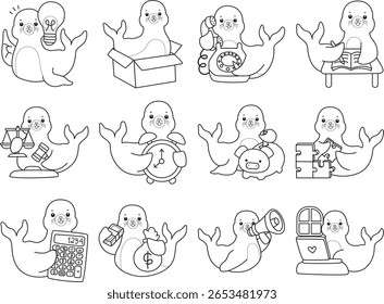 Coloring pages of cute seal. outline of seal in the variation of money and finance