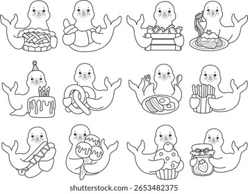 Coloring pages of cute seal. outline of seal in the variation of junk food and meal