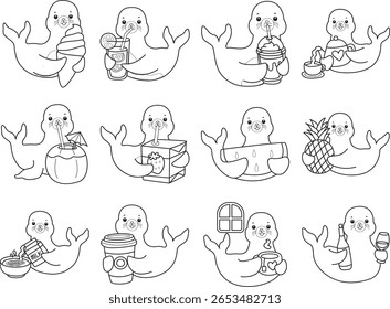 Coloring pages of cute seal. outline of seal in the variation of drink and beverage