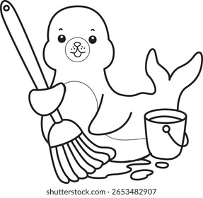 Coloring pages of cute seal. outline of seal mop the floor