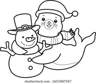 Colorir páginas de bonito selo. contorno de Santa selo com pinguim