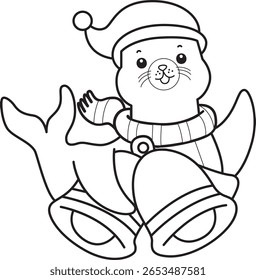 Coloring pages of cute seal. outline of Santa seal bring a two bells