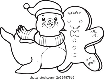 Coloring pages of cute seal. outline of Santa seal with ginger bread