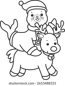 Coloring pages of cute seal. outline of Santa seal riding a reindeer