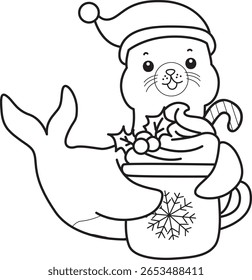 Coloring pages of cute seal. outline of Santa seal bring a hot chocolate